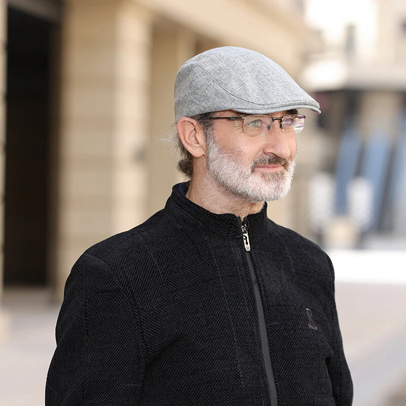 (image for) Collrown Cotton Linen Beret Men's Simple Vintage Forward Cap Casual Daily Flat Hats Solid Color Cabbie Driving Cap Outdoor